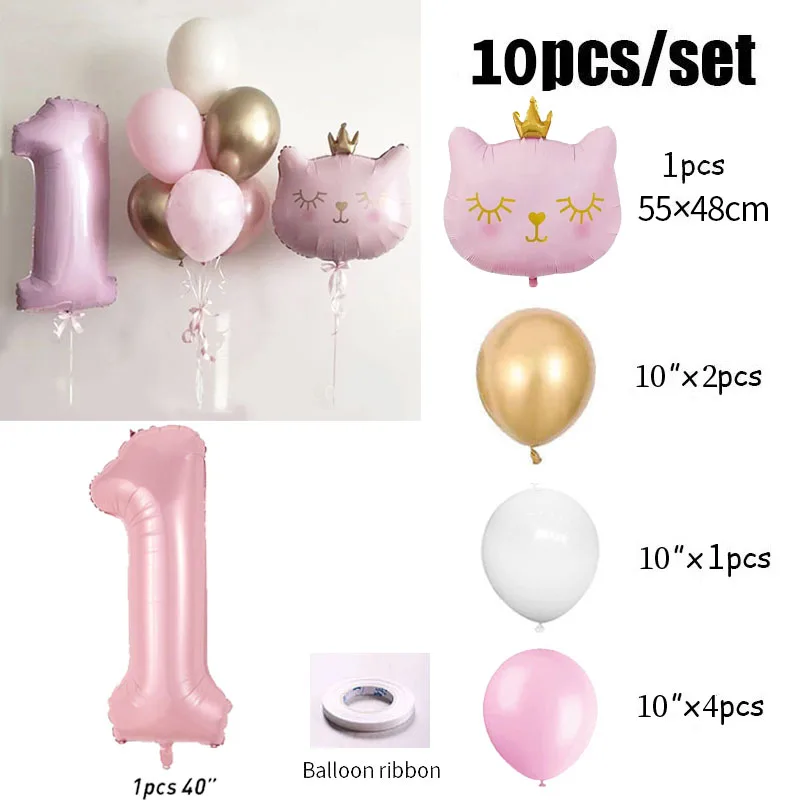 10pcs Pink 40inch Number Cat Crown Foil Balloons Happy Birthday Party Decorations Kids Girl 1 2 3 4 5 6 7 8 9 Year Old Supplies