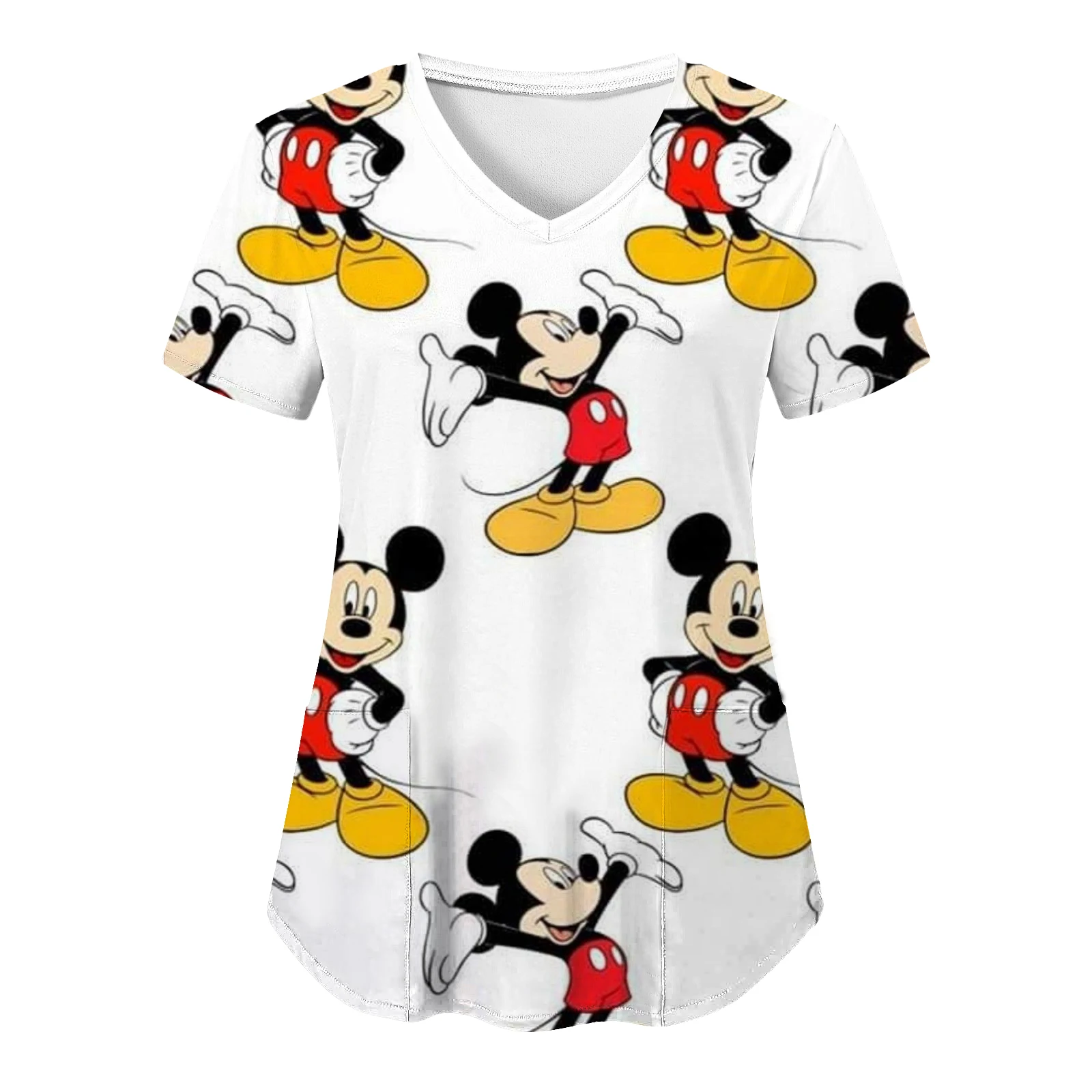 Woman Clothes Disney Top Women 2024 Pocket T-shirt Minnie Mouse Tops V Neck Shirts Mickey Nurse Uniform T-shirts Hospital Tees