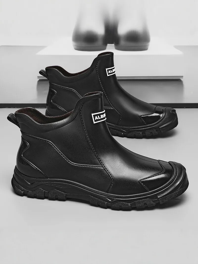 Men's Rain Boots Waterproof Non-Slip Fishing Work Boots Outdoor Casual round Toe Thick Bottom Rubber Sole PVC Material