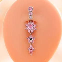 1pcs Pink Zircon Flower Belly Button Rings Stainless Steel Butterfly Dangled Belly Piercing ombligo for Women Curved Navel Ring