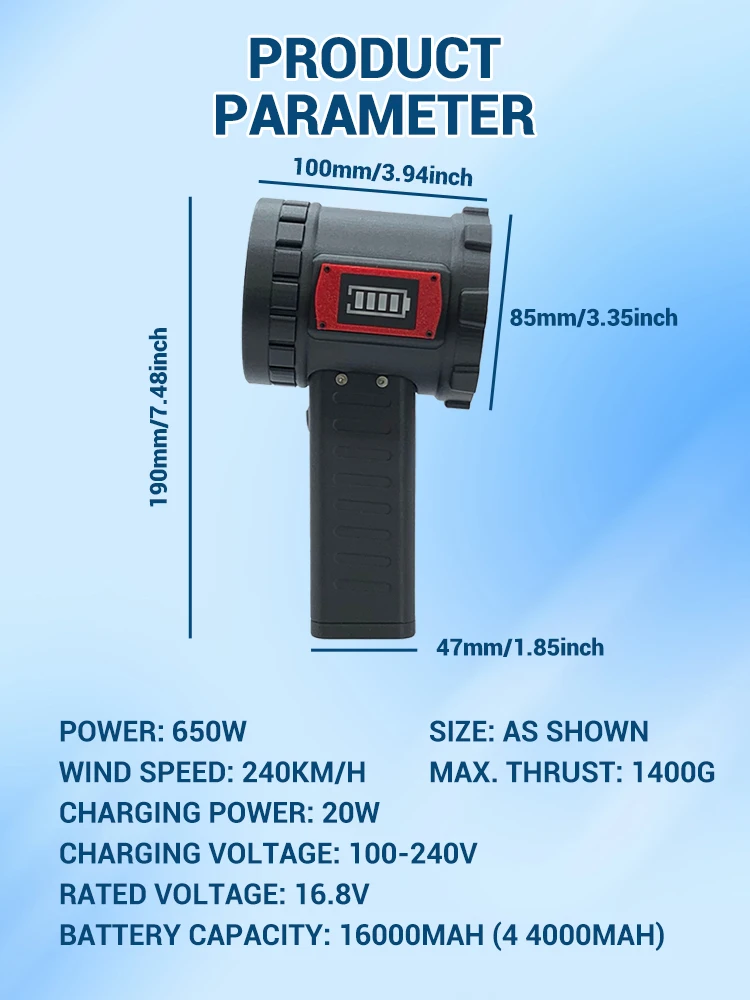 Imagem -04 - Ventilador Turbo Poderoso de 650w 240 km h Motor sem Escova Indicador de Nível da Bateria Remoção de Neve Soprador de Jato Turbo ao ar Livre