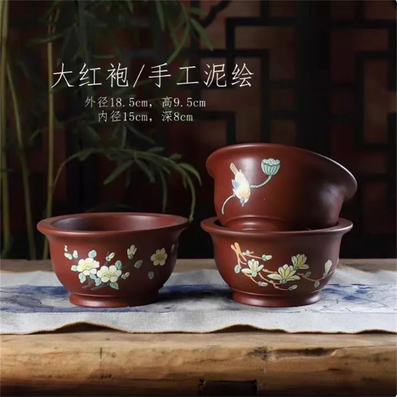 

Ceramic Bonsai Pot, Bowl Pot, Red Clay,Hand Draw,Purple Sand,Round Flower Pot, Home Decoration