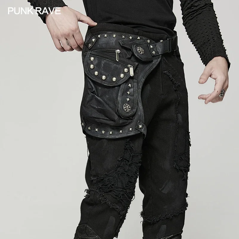 PUNK RAVE Men's Punk Doomsday Irregular Shape Rivets Personalized Bag Webbing Can Adjust Tightness Men Accessories