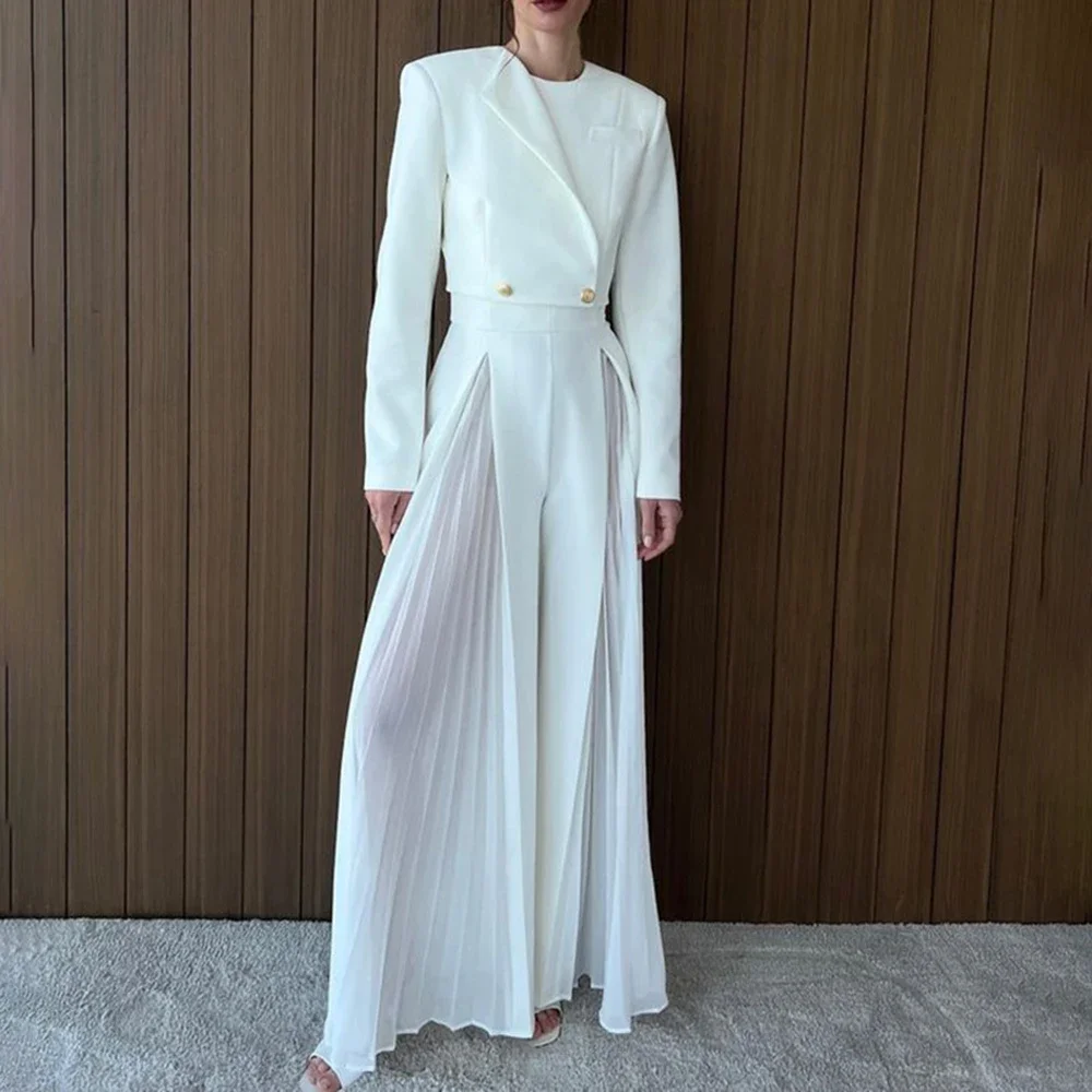 

JOJO 2024 New Sexy Women's White Pleated Suit with Short Long-Sleeved Jacket and Pants Two-Piece Set Elegant Design Fashion