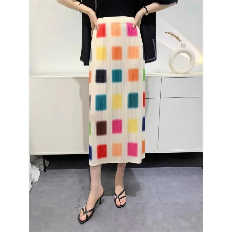 Fashion Plaid Pleated Skirt Women High Waist Slim Fit Mid Skirts Stretch Loose Design Trendy Clothes Elastic Waist Skirt New