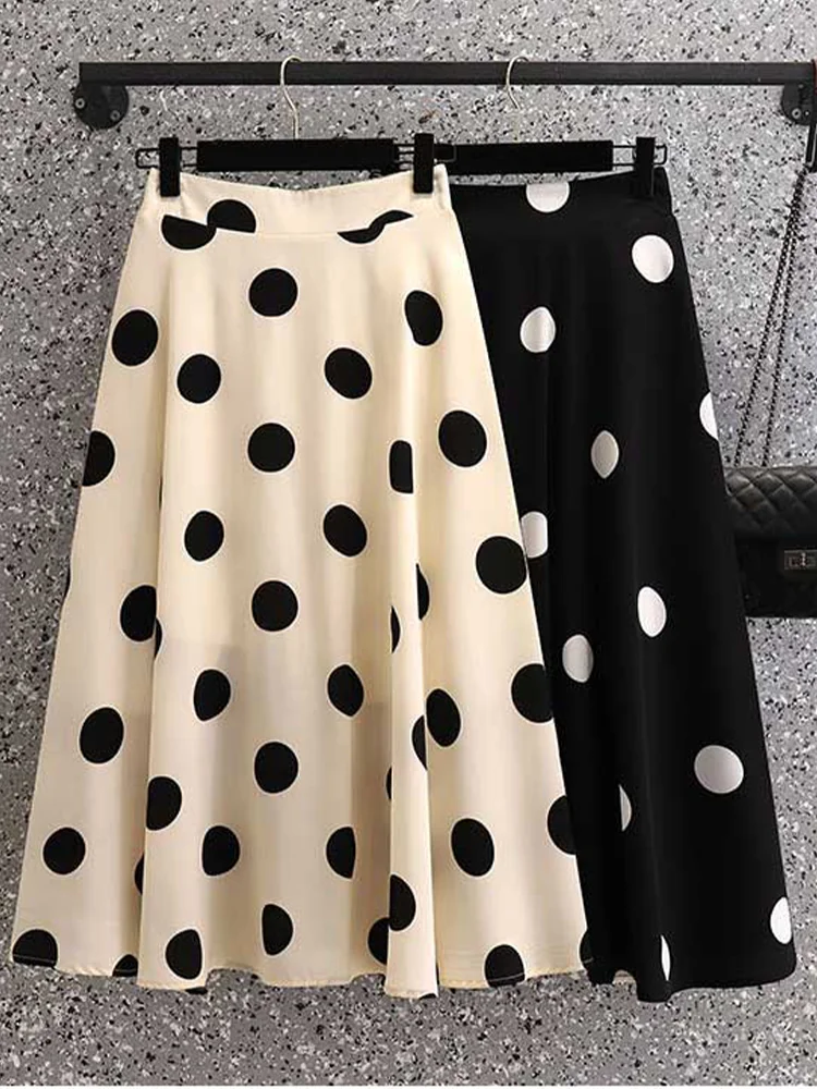 Korea Style Sweet Polka Dot Printed Midi Skirt Women 2023 Autumn Winter High Waist Tired Cake Skirts Black White Khaki Skirts