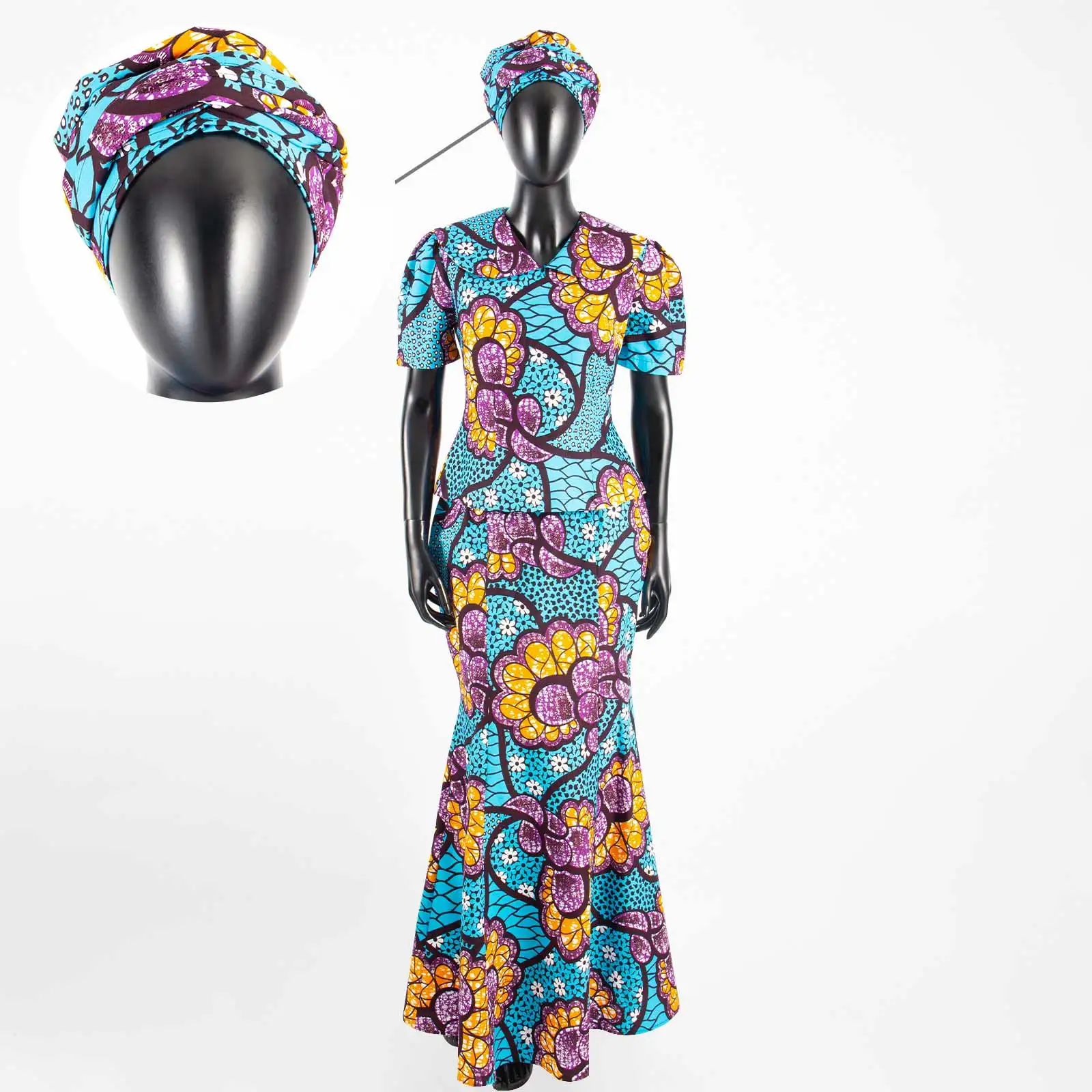 African Women Set Ankara Print Traditional Doll Collar Top and Skirts Match Headscarf Bazin Riche Dashiki Lady Outfits Y2326003