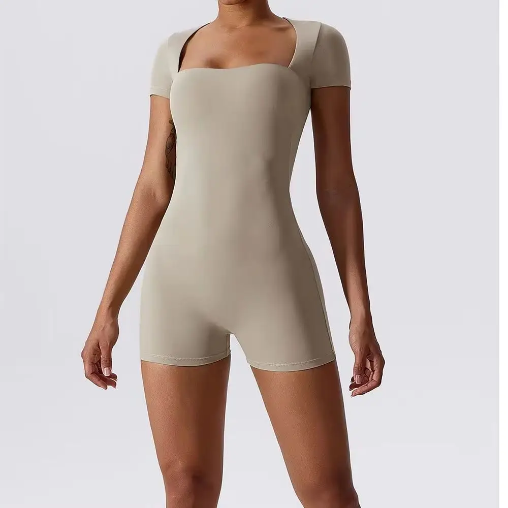 Women One-Piece Gym Jumpsuits Sexy Solid Short Sleeve Crew Neck High Waist Bodycon Jumpsuit Short Onesies Rompers Yoga Workout