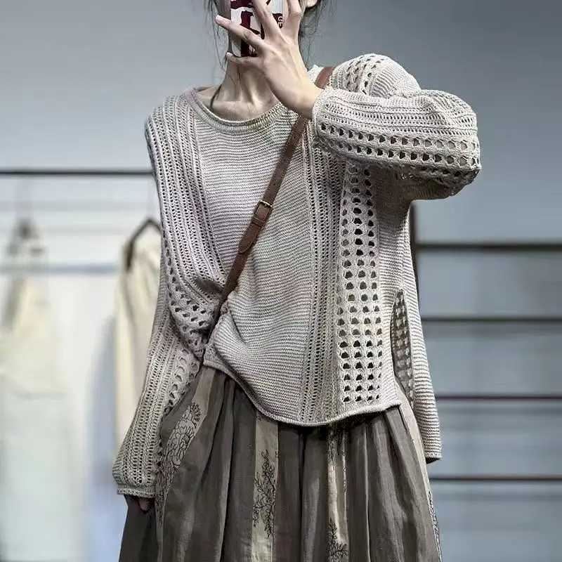 T-shirts for Women Solid Knitted Gothic O-neck Sunscreen Tops Oversized Casual Korean Style Smock Long Sleeve Autumn Clothing