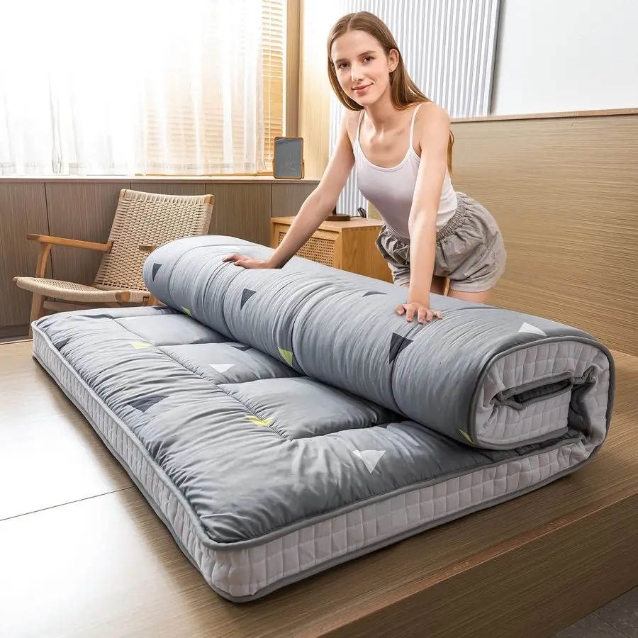 Grey Triangle Futon Mattress, Japanese Floor Mattress Quilted Bed Mattress Topper, Extra Thick Folding Sleeping Pad Breathable F