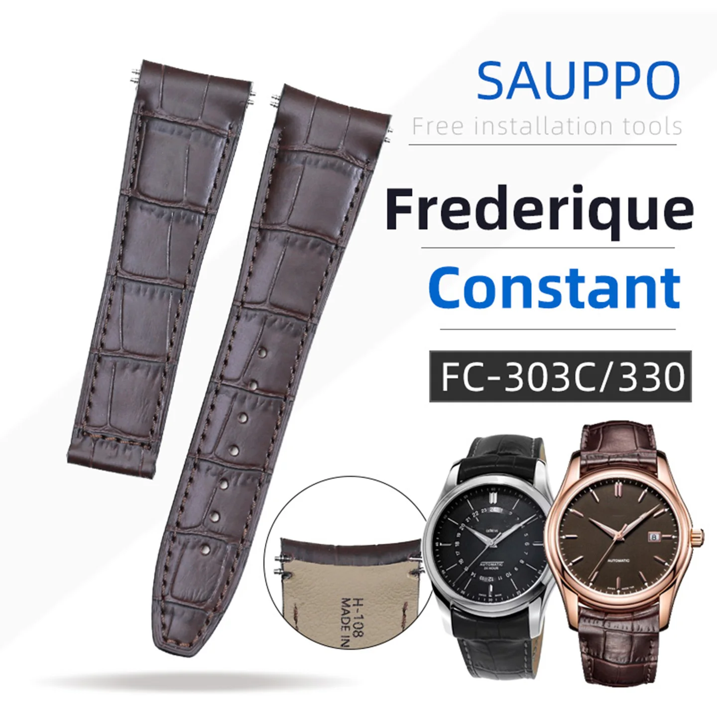 SAUPPO watch strap for Frederique Constant FC-303C FC-332D FC-335A 23mm Arc interface  black brown Genuine leather strap