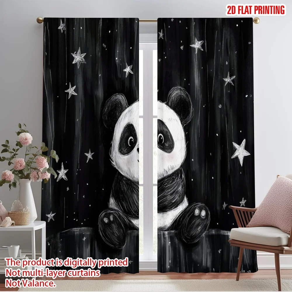 2pcs,2D plane printing Minimalist Curtains Starlit Panda 100% Polyester (without rod) Holiday for Study, Living Room, Kitchen -