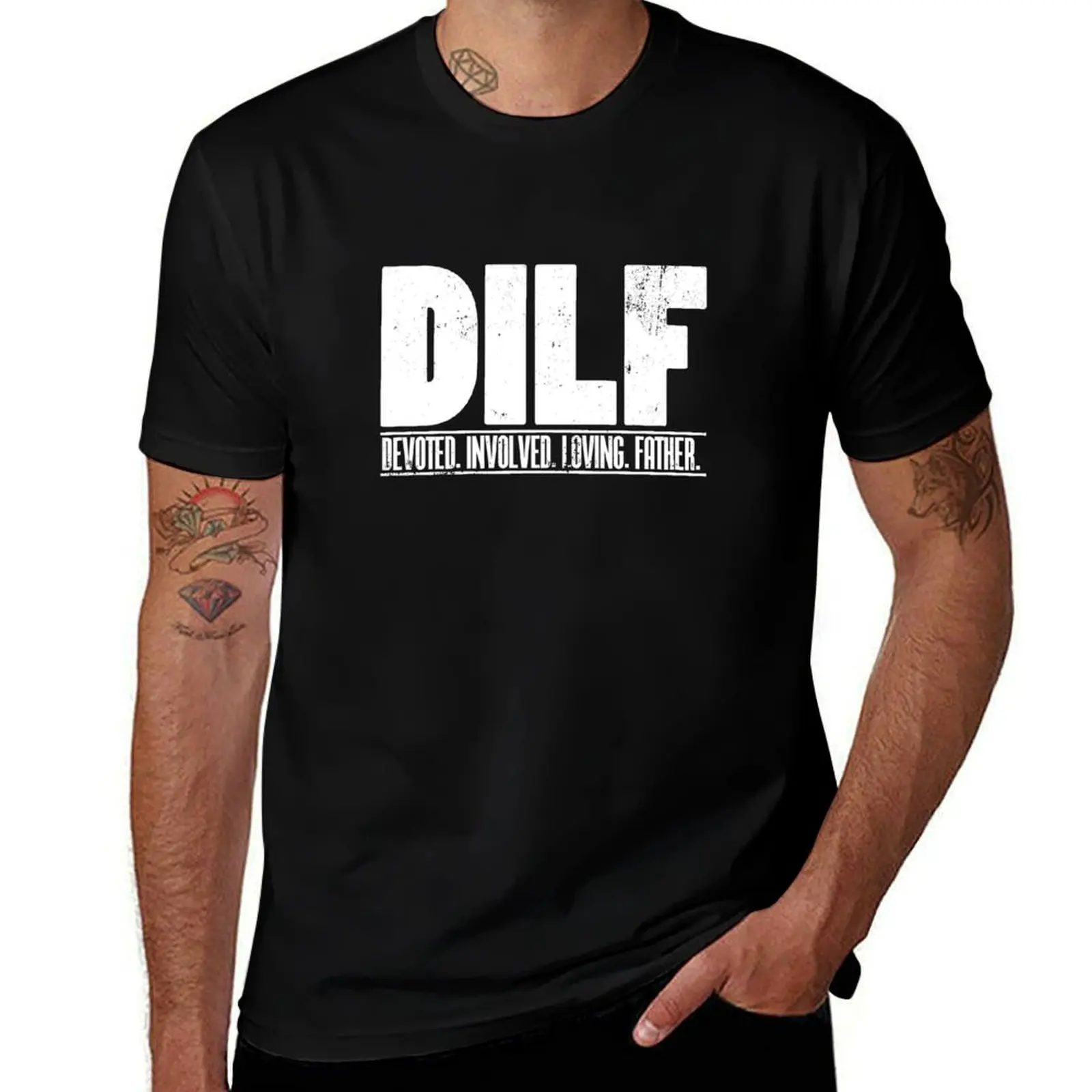 Mens DILF Dedicated Involved Loving Father print Funny Dad Gift T-Shirt Basic Solid Color Casual Tee Shirt