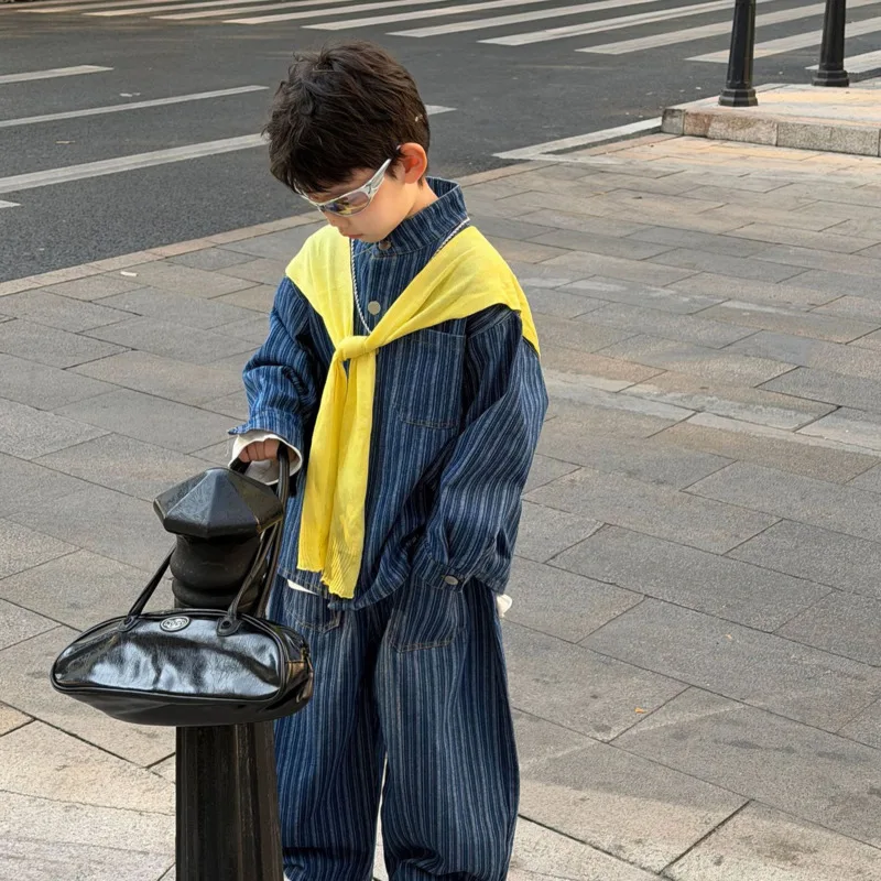 26 Spring Summer New Children Clothes Stripe Wash Denim 2piece Set Boy Long Sleeve Shirt Pants Trousers 2-16 Year Toddler Outfit