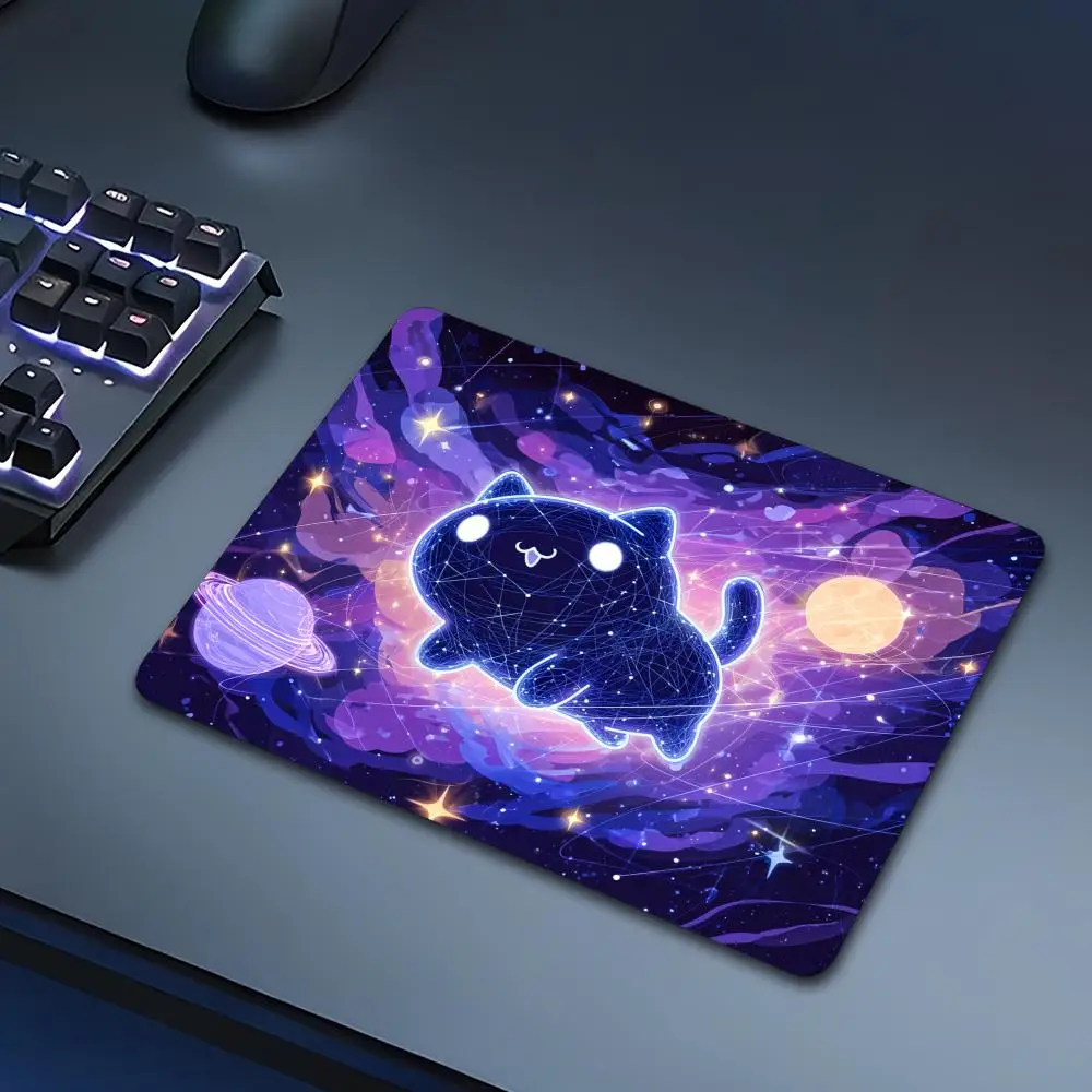 Fantasy Starlight Cat Small Mouse Pad Desk Mat Gaming mats with Stitched Edge Non-Slip Rubber Base Laptop accessories Office mat