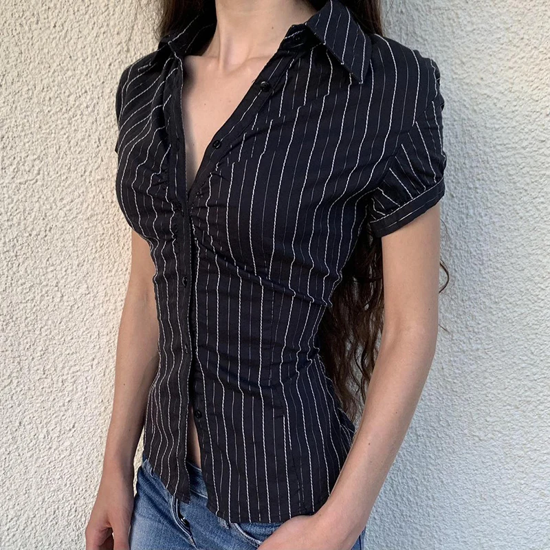 CIBBAR Black Striped Print Blouse Vintage 2000s Button Up Puff Short Sleeve Crop Top Women Korean Fashion T Shirt Streetwear y2k