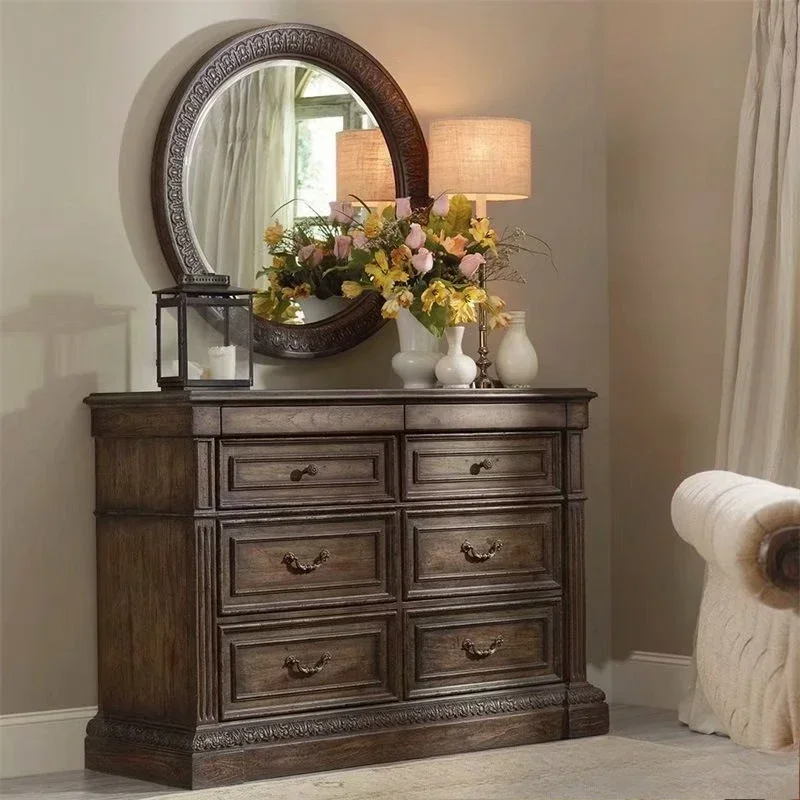 Solid wood dresser bedroom American retro engraved mirror dressing table six chest cabinet storage side cabinet