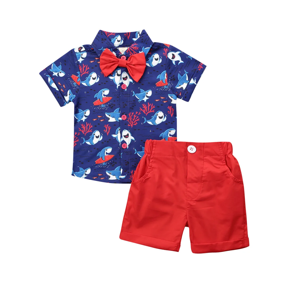 

Toddler Boy s Beachwear Set Short Sleeve Shark Print Button Down Shirt Top Navy Blue Shorts with White Stripes