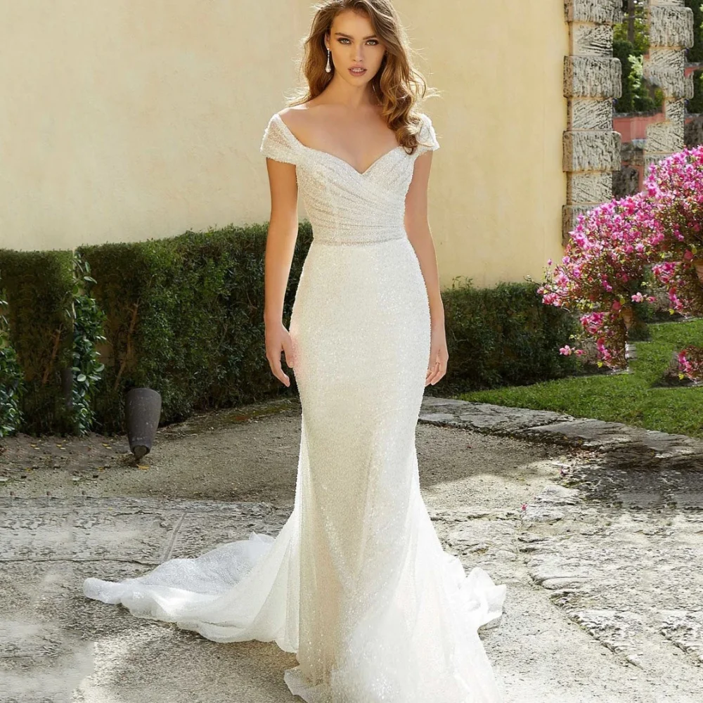

Customized Shiny Wedding Dresses Luxury Mermaid Cap Sleeves Bride Robe Sweetheart Sequined Bridal Gowns Vestidos De Noiva