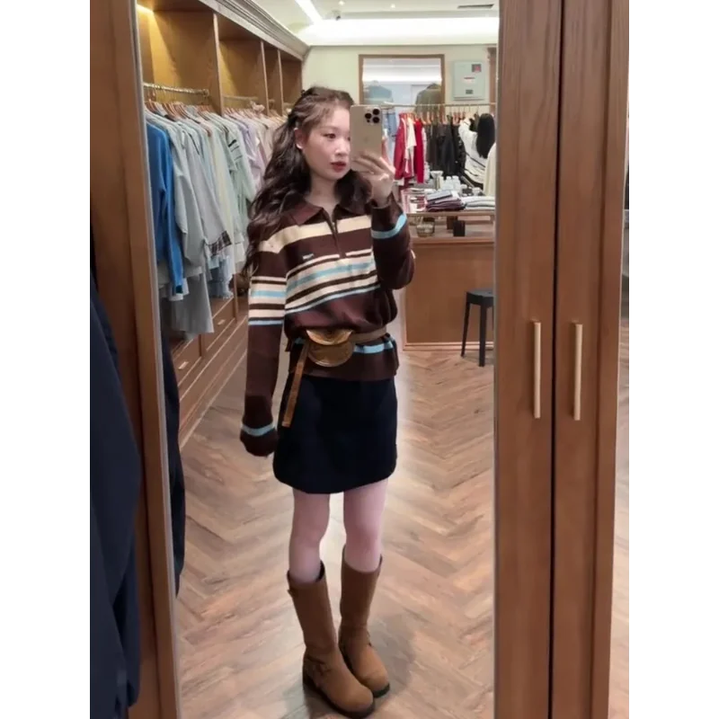 

Свободный утягивающий универсальный полосатый контрастный вязаный свитер в стиле ретро, осенне-зимний пуловер, женский универсальный топ