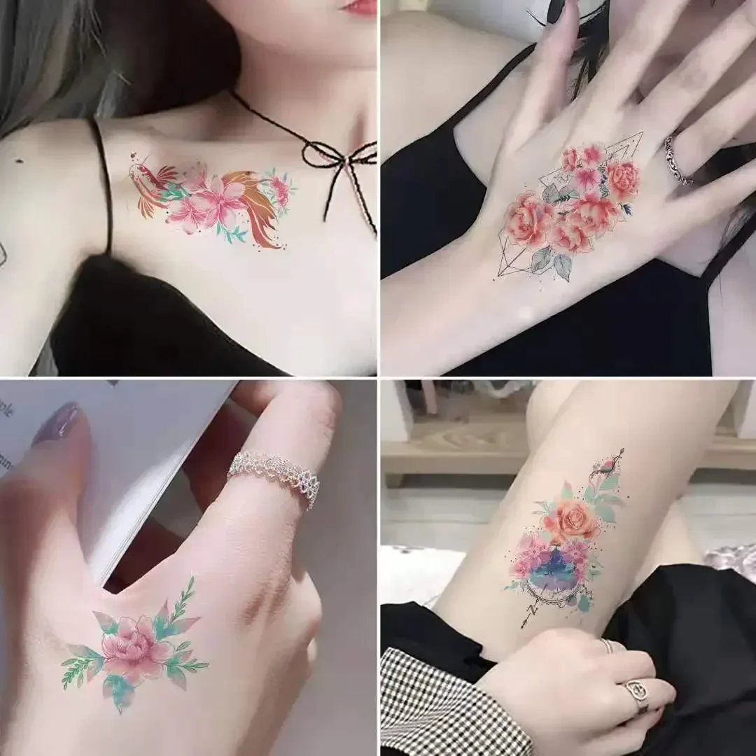 60pcs/set Transfer Fake Tattoos for Girls Aesthetic Flower Color 3D Butterfly Temporary Tattoos Adhesive tatouage temporaire