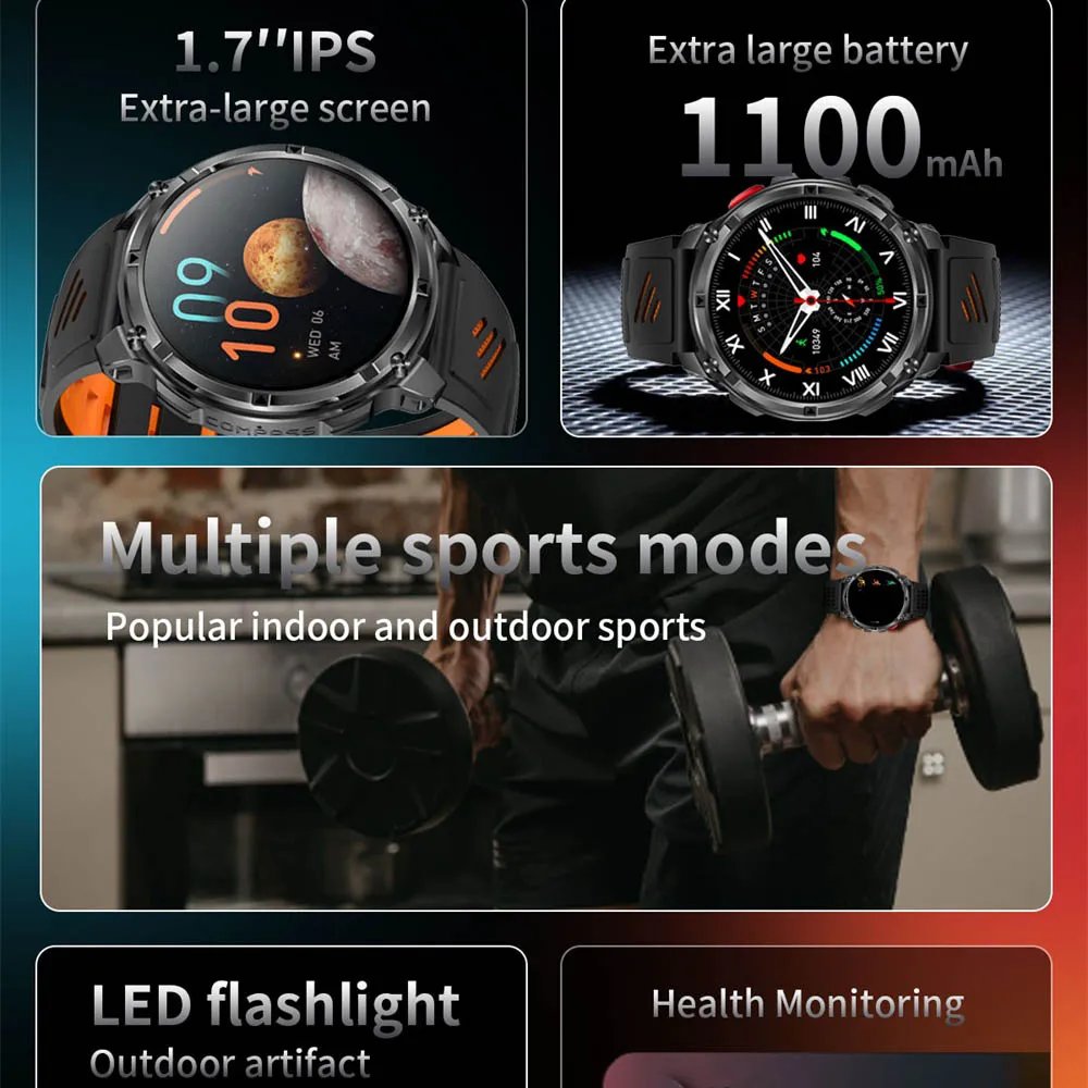 الرياضة البوصلة Smartwatch 1.7 بوصة 1100mAh بطارية BT دعوة في الهواء الطلق ساعة ذكية الرجال النساء مراقبة الصحة إضاءة مقاومة للماء مصباح يدوي