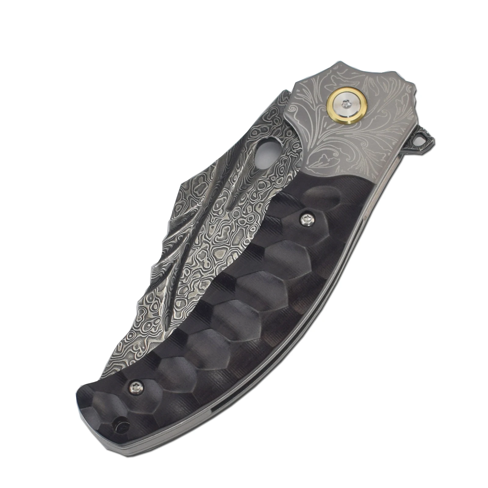 Lâmina dobrável artesanal de aço damasco, utilitário de sobrevivência para acampamento ao ar livre, ferramentas edc, facas dobráveis de bolso, ébano cnc + alça de aço