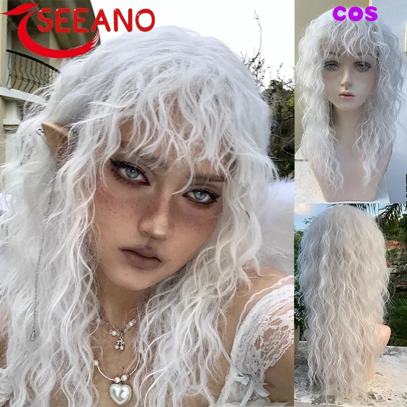 A SEEANO Synthetic Cosplay Wig Long Curly With Bangs White Wig Pure White Wool Roll Lolita Women Halloween Cosplay Wig Female