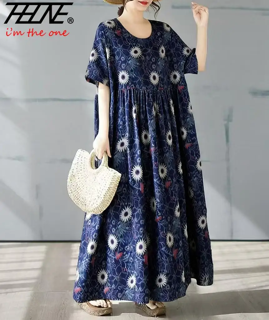 THHONE Robe Plus Size 100KG Summer Dress Women Floral Loose Vestidos Para Mujer Casual Maxi Print Cotton Linen Oversized BOHO