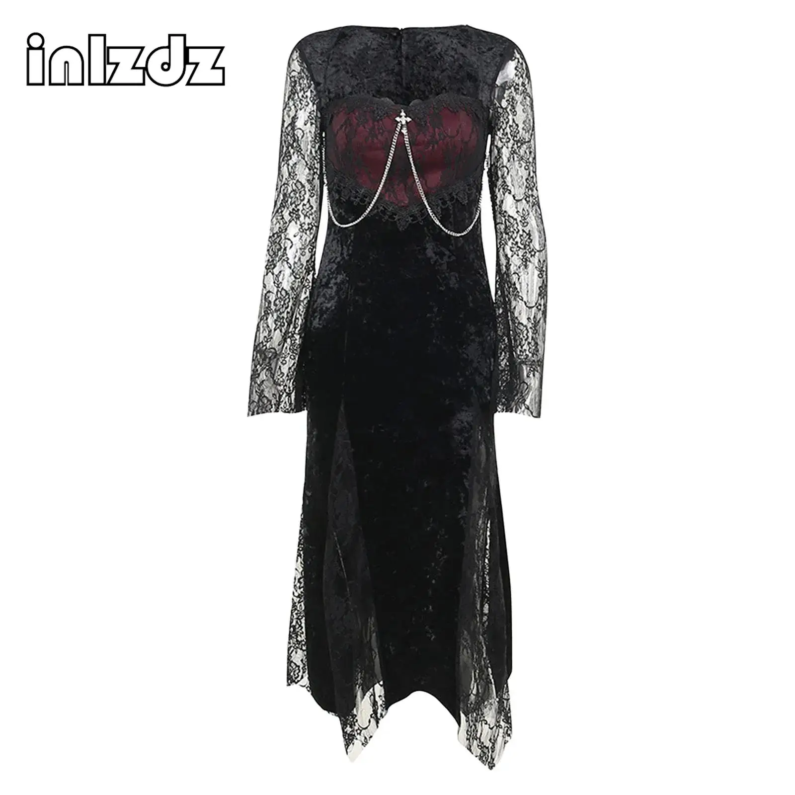 

Womens Gothic Punk Dress Sweetheart Flared Long Sleeve Slit Hem Sheer Floral Lace And Velvet Dress for Halloween Vampire Cosplay