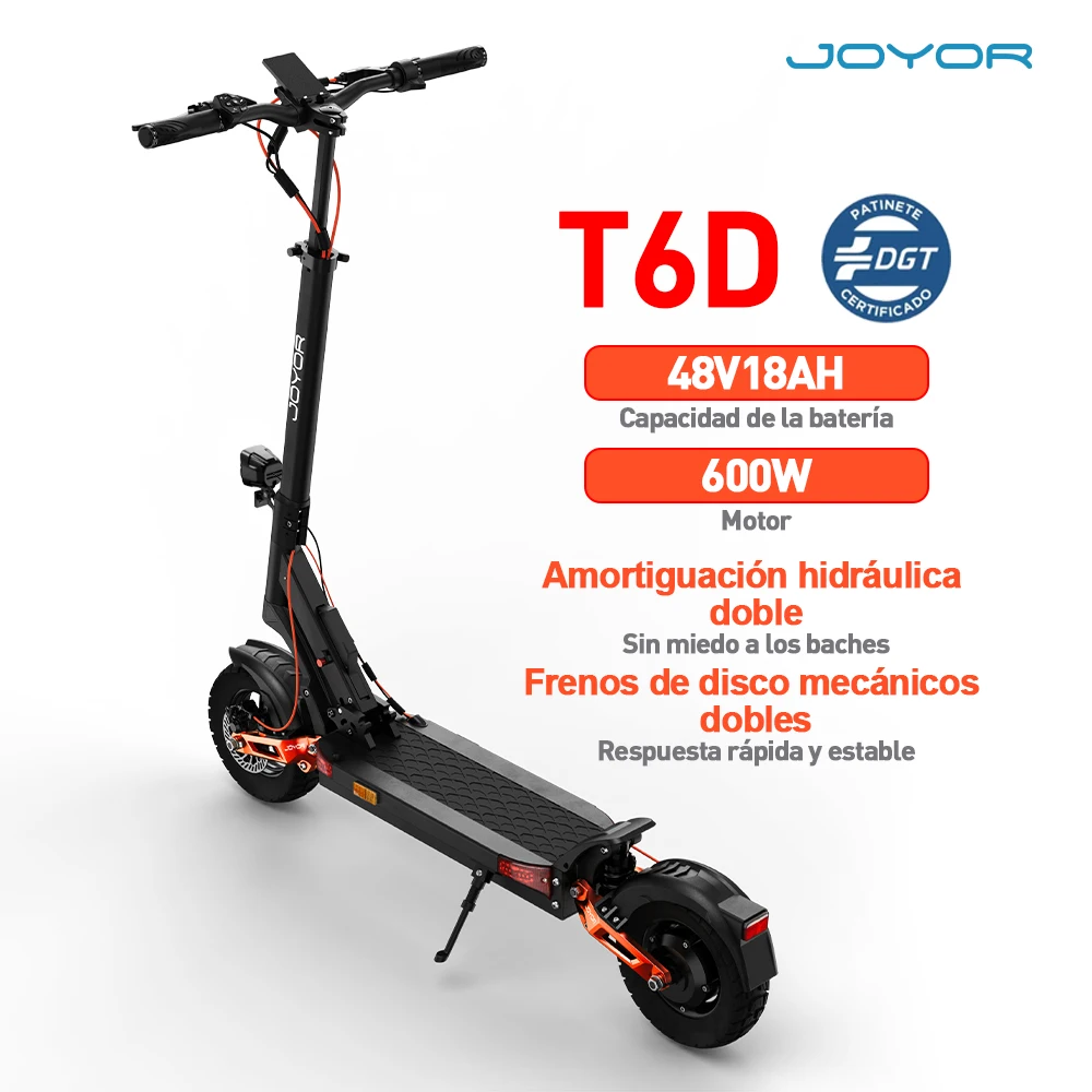 Patinete Eléctrico JOYOR T6D de 600W, Batería de 48V 18Ah, Autonomía de 55KM, Velocidad Máxima de 25Km/h, Neumático de 10 Pulgadas