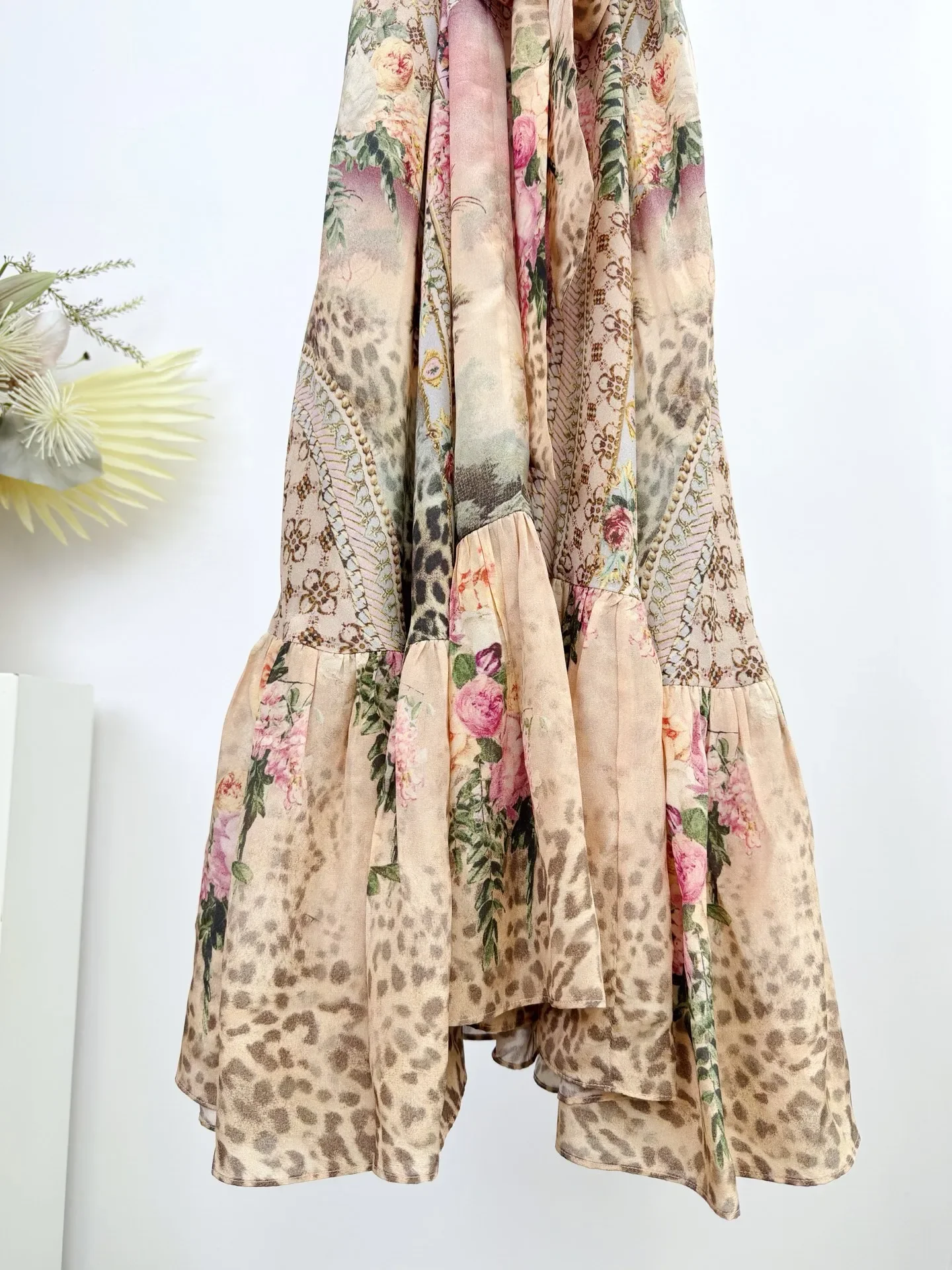 Retro Floral Print Frauen Maxi Kleid Kristall Perlen Band Stehkragen Ärmellose Spitze-up Taille Elegante Damen 100% seide Robe