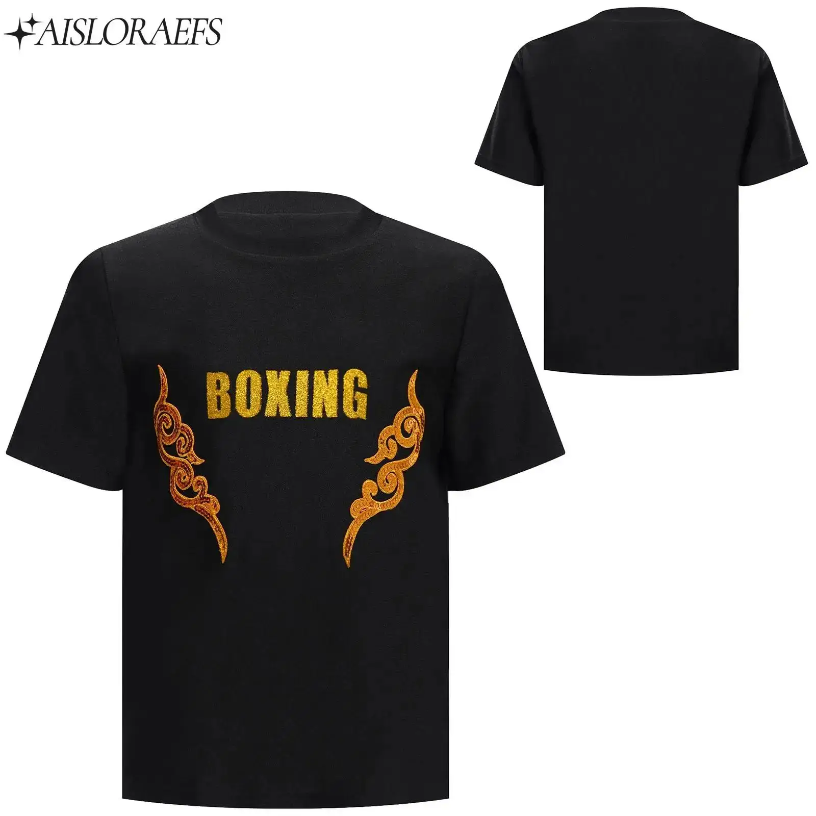 

Boys Boxing Short Sleeve T-shirt for Teen Shiny Letter Printed Boxer Tops Sequin Applique T-shirt for Training Workout Fitness