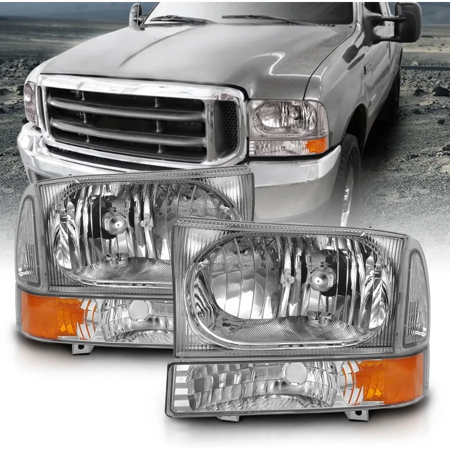 

for 1999-2004 Ford Super Duty F250 F350 F450 F550 Excursion Chrome Factory Style Replacement Headlights with Corner Bumper Corn