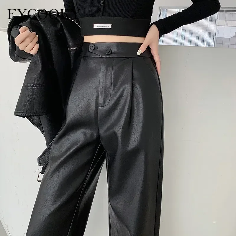 

2025 Autumn/Winter New PU Leather Pant Women High Waist Wide Leg Female Pants Casual Long Trouser Woman