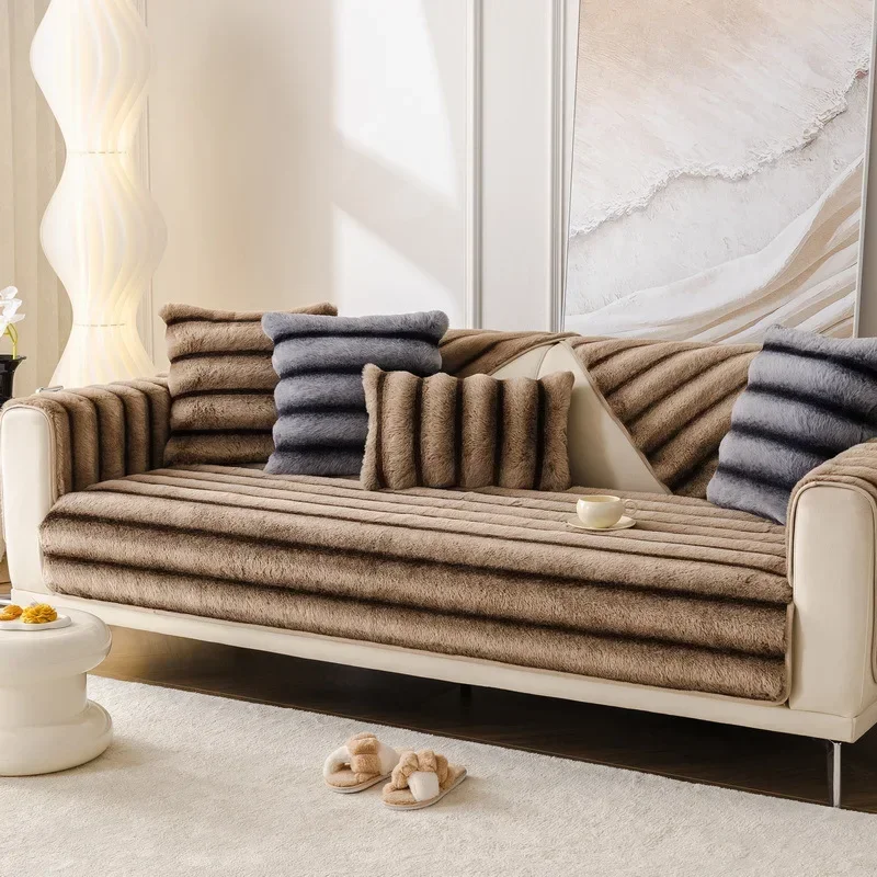Thick Warm Super Soft Plush Non-slip Sofa Towel Modern Luxury Rabbit Plush Sectional L-shaped Sofa Cover Universal Couch Covers