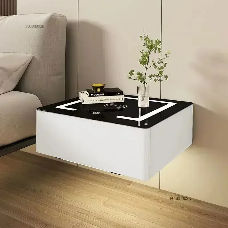 

Suspended Solid Wood Bedside Tables Bedroom Smart Nightstands Modern Light Luxury Rock Board Storage Cabinet Home Furniture P Q