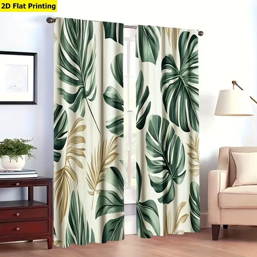 2-Piece Tropical Leaf Printed Curtains Set 100% Polyester Green Gold Palm Leaf Design Semi-Blackout for Bedroom