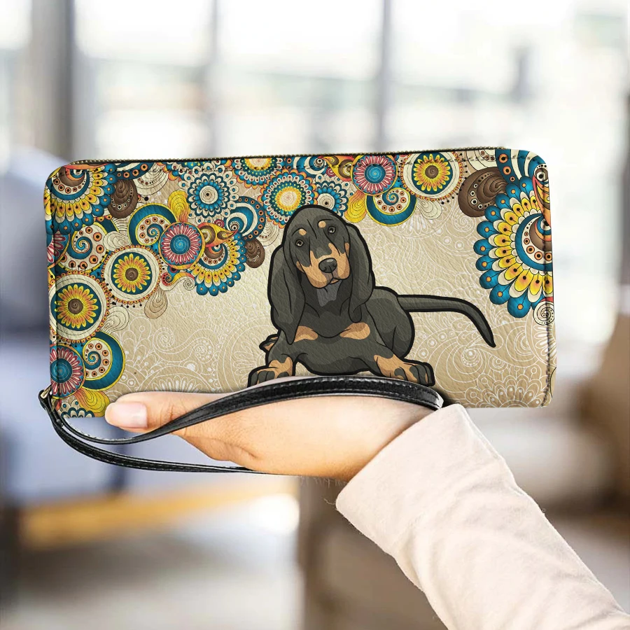 

Bohemia Dachshund Paisley Floral Women's Wristlet Wallet Leather Credit Card Holder Purse Ladies Presonalized Clutch Money Bags