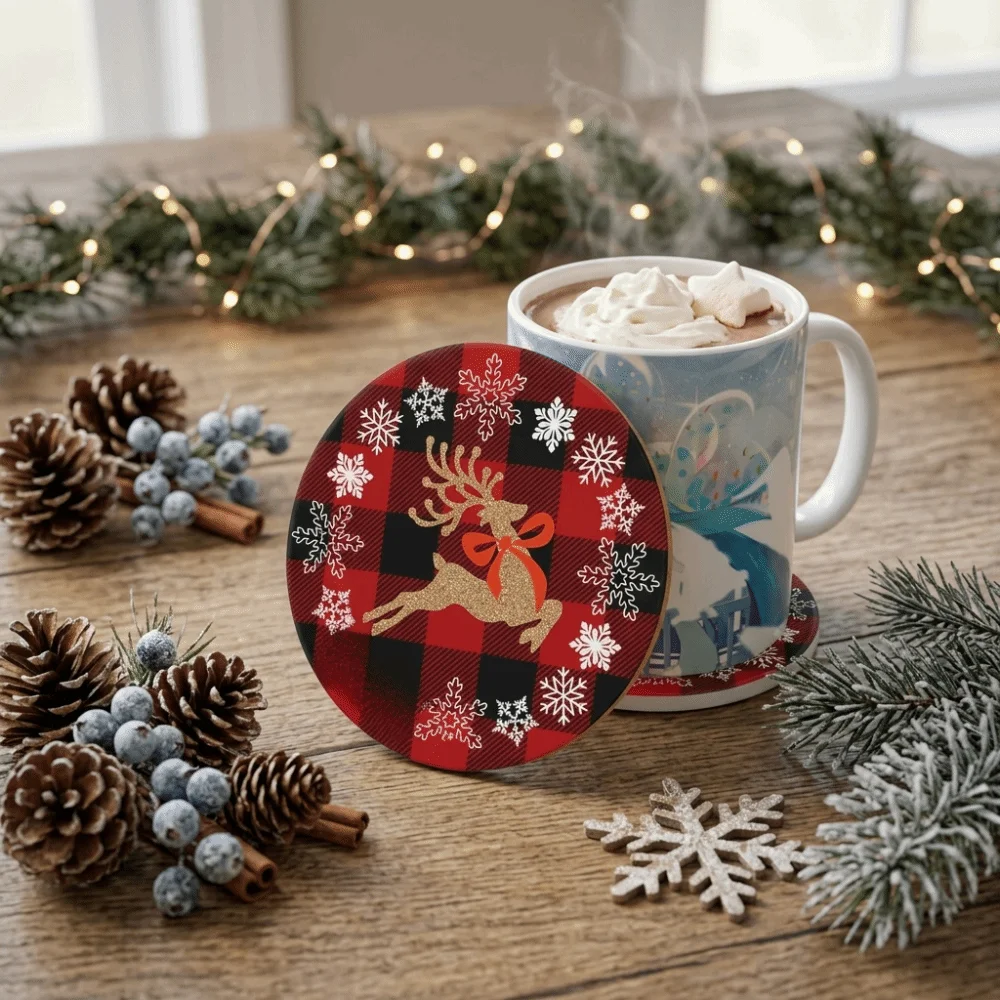 Non-Slip Christmas Santa Coasters Reindeer Heat-Resistant Snowman Ceramics Wooden 2D Printed Coffee Cup Mat Christmas Party