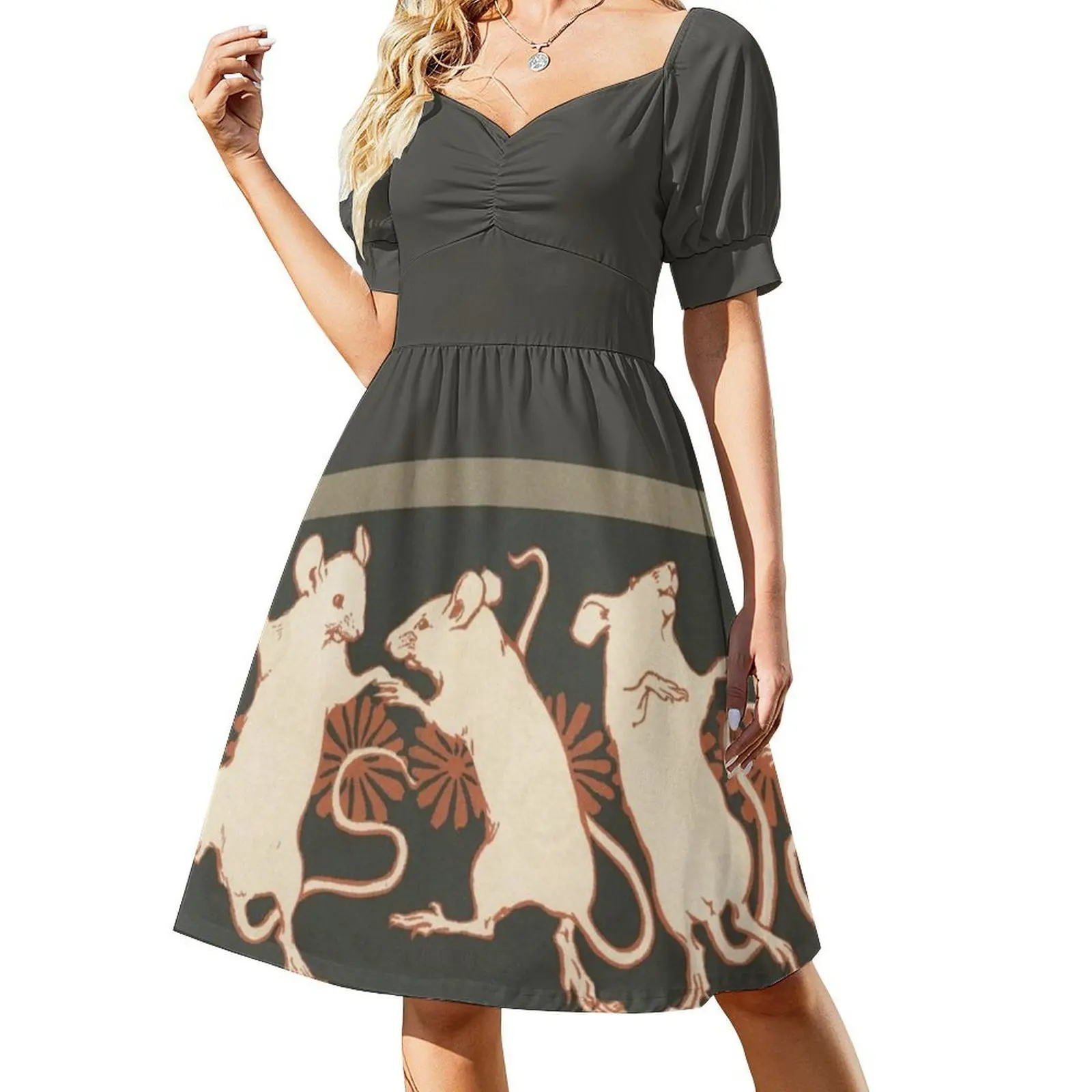 الرقص الفئران خمر الفن الحديث نمط البوهيمي فستان بلا أكمام متعدد طباعة شاطئ عطلة فستان الحفلات الفئران ماوس الرقص #2