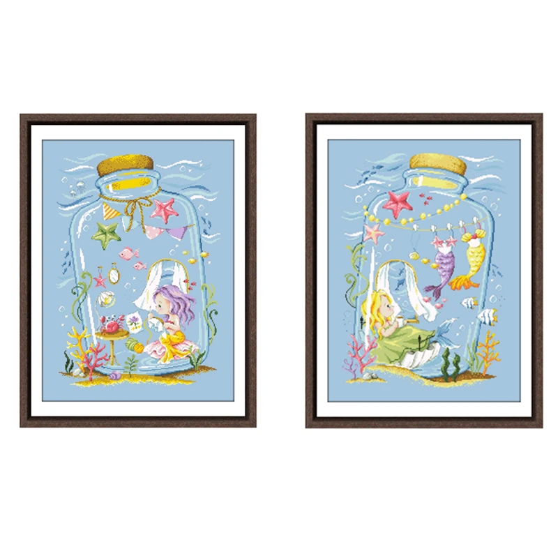 Mermaid's room cross stitch kit drift bottle cartoon cotton thread 18ct 14ct 11ct skyblue canvas embroidery DIY gift wall decor