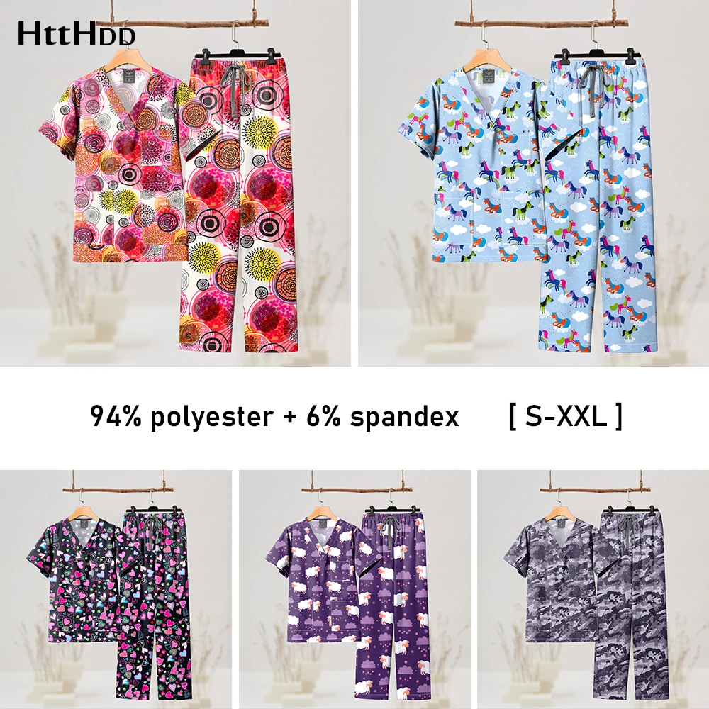 Printed Design Fashionable Medical Women Scrub Sets Doctors Nurses Scrub Suits Uniforms Sets Nursing Beauty Spa Scrubs Women Men