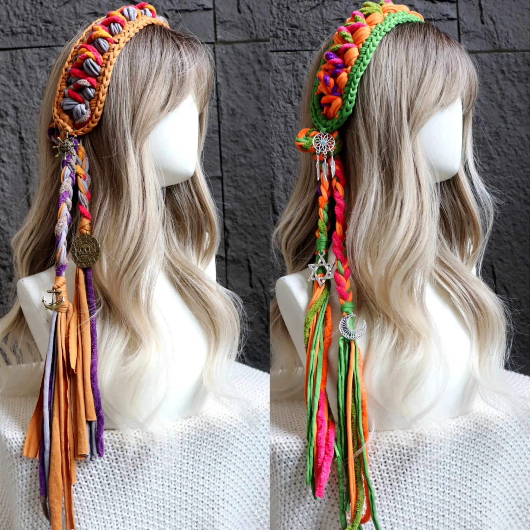 

2 pieces Ladies' vintage headscarf, handmade crochet tassel headband, Bohemian colored woven headband