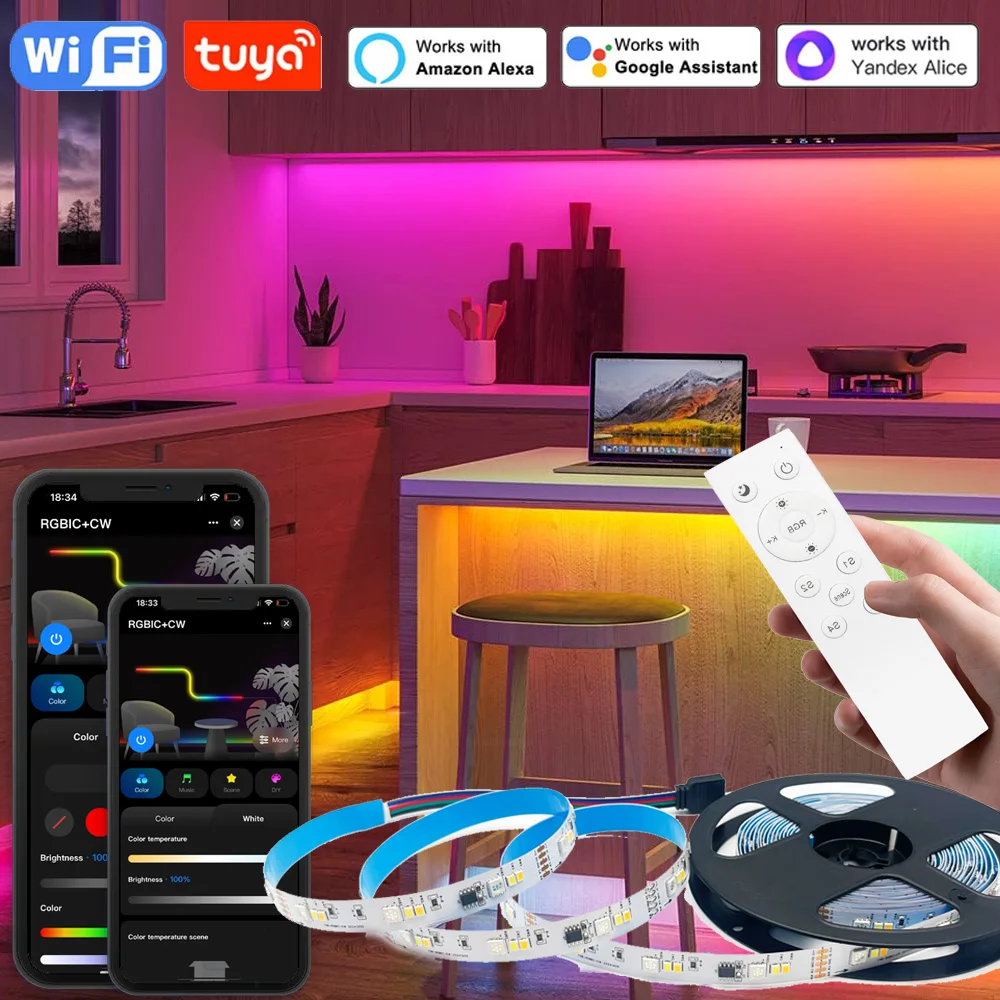 

1M-5M Tuya Wifi RGBIC LED Strip DC12V 5050 RGBCCT 2700K~6500K Dimmable Running LED Lights RF Remote Control For Alexa Googlehome