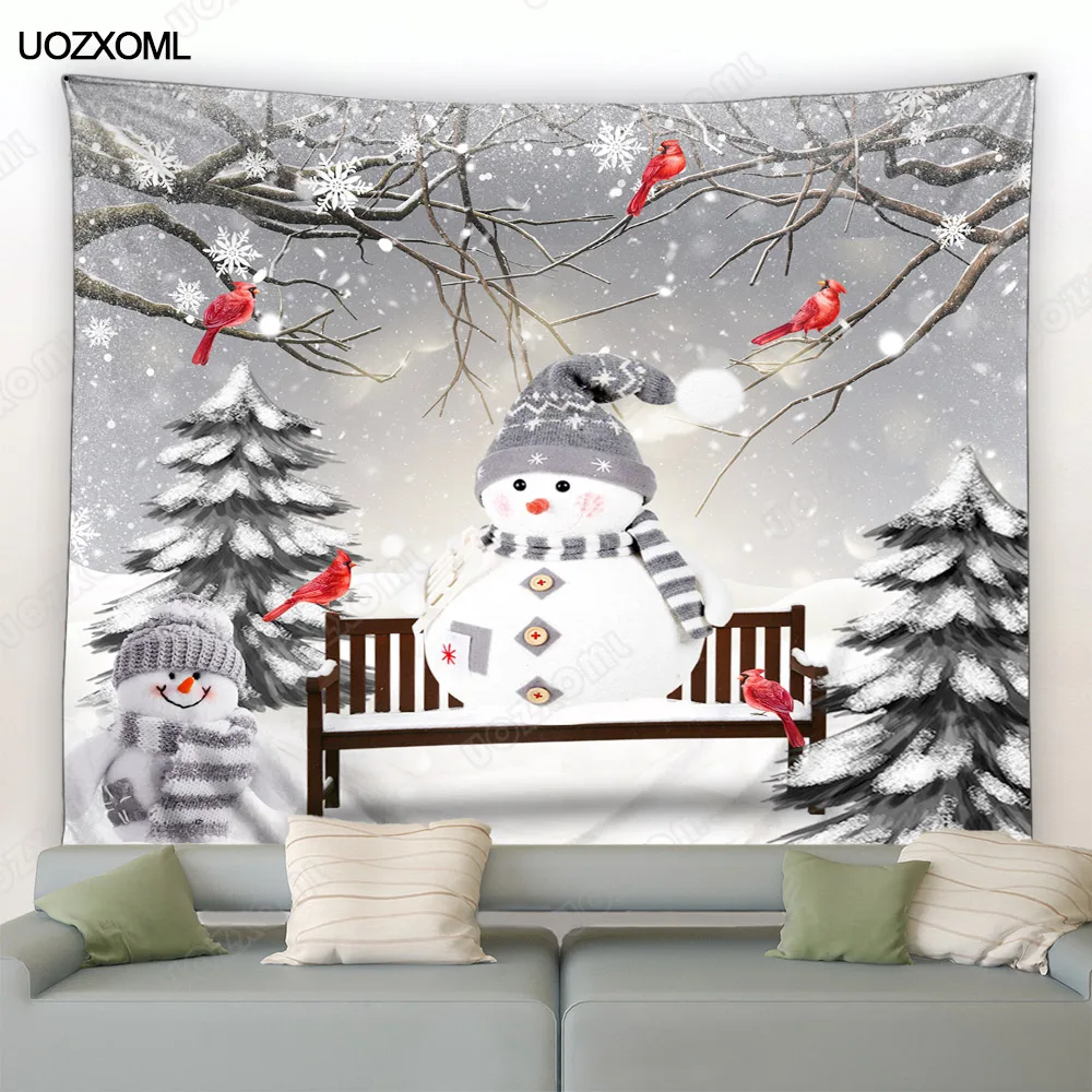 Funny Snowman Christmas Tapestry Red Birds Cedar Tree Forest Winter Landscape New Year Xmas Home Living Room Decor Wall Hanging