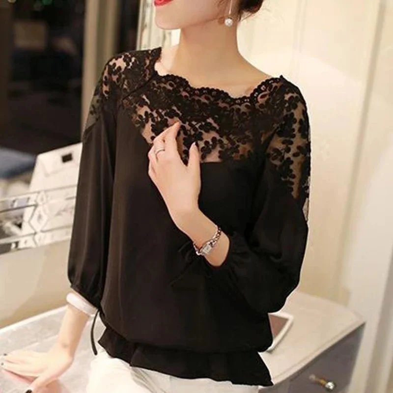 Cross-border Summer women's Korean version temperament lace patchwork hollow out chiffon seven quarter sleeve top