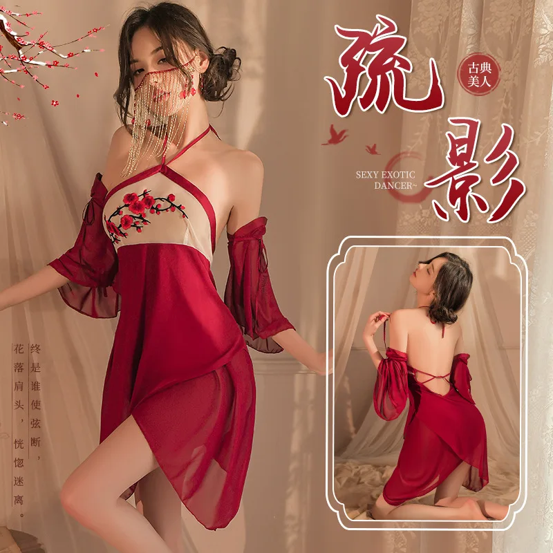 

Chinese Style 3PCS Women Sleepwear Halter Plum Blossom Embroidery Bellyband Mesh Nightgowns Sexy Lingerie Mini Dress Hanfu Set