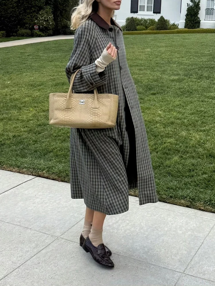 Contrasting color corduroy collar check coat for women - single button placket sleeve long style vintage coat, 2026 new design