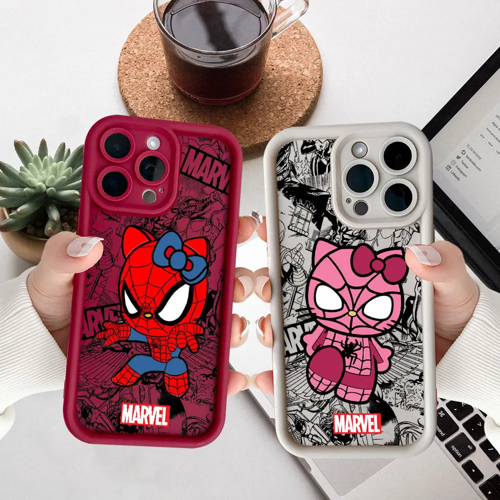 

Cute Spider Man Hello Kitty Cat Marvel Phone Case For iPhone 17 Air 16 16e 15 14 Plus 13 12 11 17 Pro Max Liquid Silicone Cover